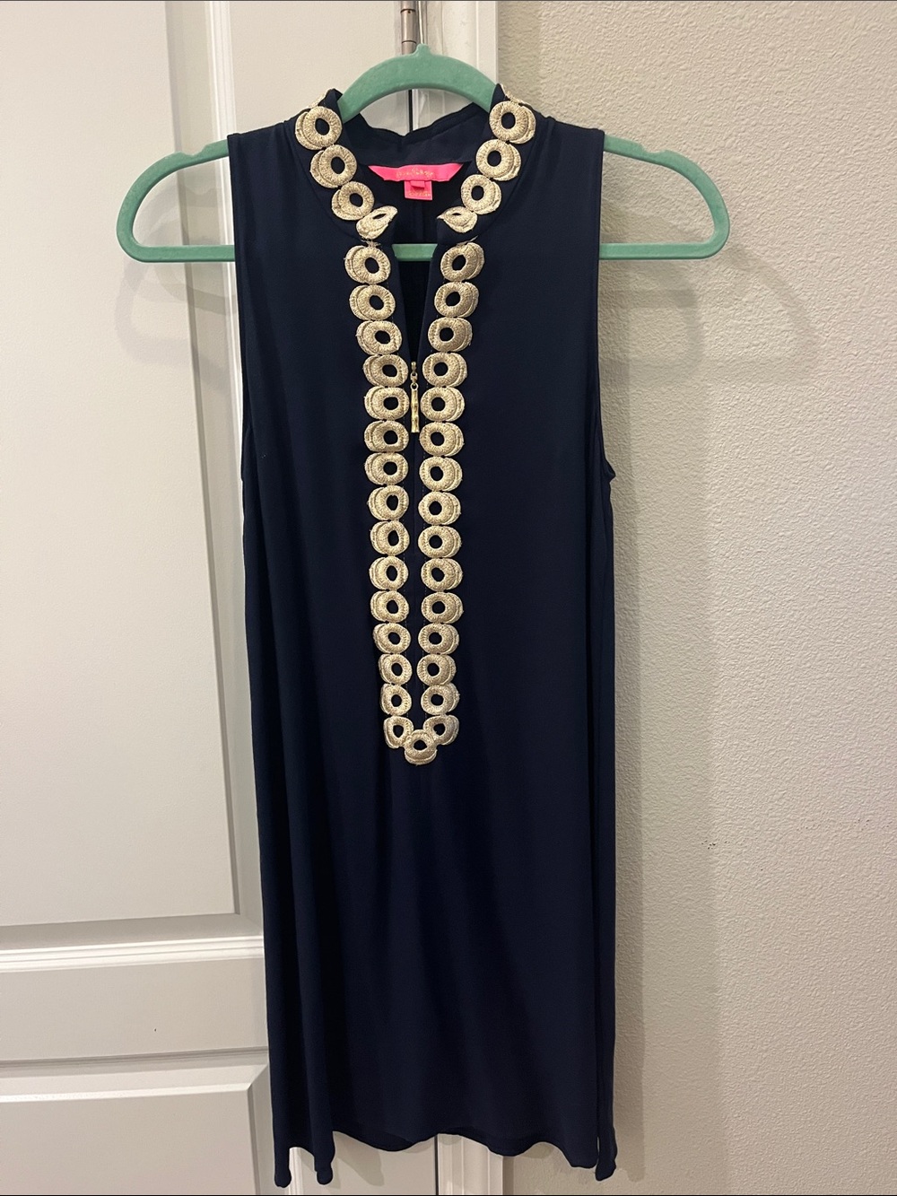 Lilly Pulitzer Navy Blue Sleeveless Shift Dress with Gold Embellished Placket